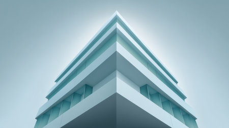 This image captures a striking modern building with sharp angles and clean lines, showcasing minimalistic architecture illuminated by soft light from above.の素材