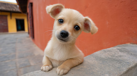A charming small puppy is playfully posing with big, open eyes and floppy ears against a warm-colored wall, capturing the essence of innocence and joy in a vibrant setting.の素材