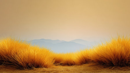 This serene landscape showcases golden grass against soft mountainous silhouettes under a warm dusk sky. Ideal for nature themes, tranquility, and outdoor beauty.の素材