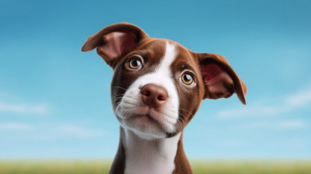 A cute brown and white puppy gazes upwards with bright eyes, set against a blue sky and green grass, capturing the essence of joy and companionship in nature.の素材