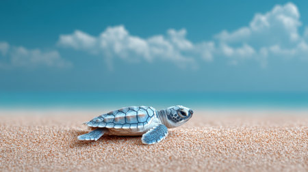 A heartwarming image of a baby sea turtle on a sandy beach under a serene blue sky, capturing the essence of marine life and the importance of conservation efforts.の素材