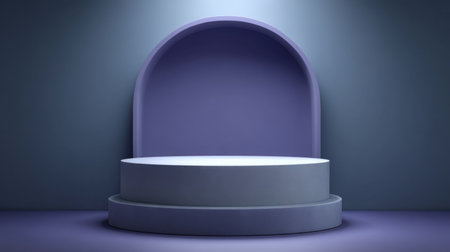 This minimalist stage design features a round podium and an arch in soft purple hues, perfect for presentations, exhibitions, or artistic displays in any modern setting.の素材