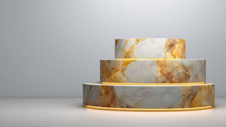 Modern round marble platforms with soft lighting create an elegant display setting, perfect for showcasing products or enhancing interior aesthetics in contemporary spaces.の素材