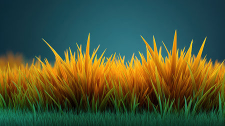 Close-up view of vibrant orange and green grass blades against a deep blue background, showcasing the beauty of nature and vivid colors in a tranquil landscape.の素材