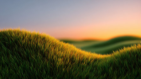 Experience the tranquil beauty of a serene landscape featuring soft hills covered in vibrant green grass under a colorful sunset sky. Ideal for relaxation themes.の素材