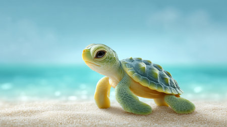 A charming baby turtle makes its way across a sandy beach, showcasing the beauty of wildlife and ocean life, perfect for themes of nature and conservation.の素材