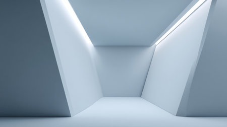 This modern minimalist interior features clean lines and geometric shapes, highlighted by soft lighting. It creates a tranquil and spacious environment for artistic projects.の素材