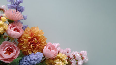 A vivid and eye-catching composition of colorful artificial flowers arranged on a soft pastel background, ideal for creative and design projects or decoration.の素材