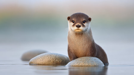 A charming otter sits on a rock in calm water, displaying its playful nature and adorable features. The serene backdrop invites a sense of peace and joy.の素材