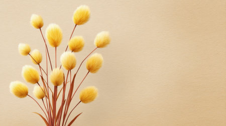This image features delicate yellow fluffy flowers set against a soft beige background, creating an inviting and serene atmosphere perfect for home decor or floral arrangements.の素材