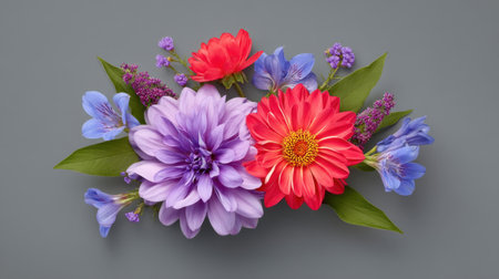 This stunning floral arrangement features vibrant blooms on a soft gray background, perfect for enhancing any design project with its colorful and artistic appeal.の素材