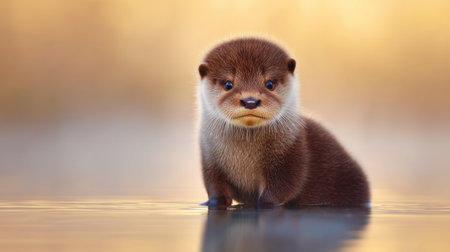 This adorable otter pup sits gracefully on the water's edge, surrounded by soft natural light and a tranquil backdrop, showcasing the beauty of wildlife and nature.の素材