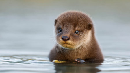 A young river otter cub swims playfully in calm waters, showcasing its innocent expressions and beautiful fur. A serene moment in nature captures wildlife's charm.の素材