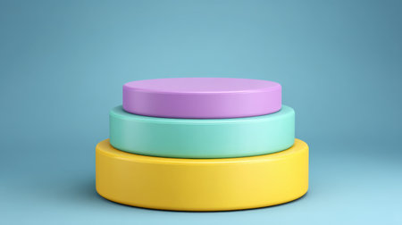 Three vibrant circular platforms in pastel colors stacked in layers against a soft blue background create a modern and stylish presentation ideal for product showcasing.の素材