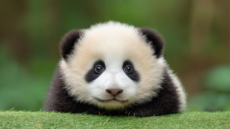 This charming baby panda sits on green grass, showcasing its fluffy fur and captivating expression. Perfect wildlife imagery for nature enthusiasts and animal lovers.の素材