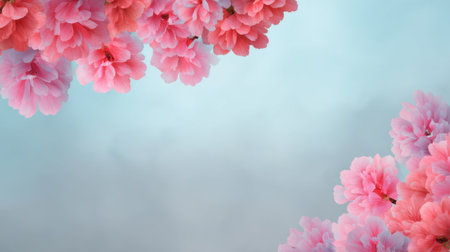 A stunning arrangement of delicate pink blossoms is showcased against a soft blue background, creating a serene and inviting atmosphere ideal for various projects.の素材