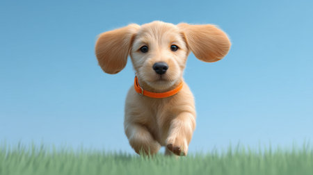 An adorable golden retriever puppy is seen running through a sunny green field against a vibrant blue sky, embodying youthful joy and exuberance.の素材