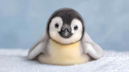 Adorable baby penguin chick displaying a curious expression against a soft snow backdrop. This image captures the essence of innocence and beauty in nature.の素材