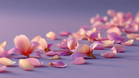 This image features delicate pink and cream petals scattered on a soft purple surface, perfect for enhancing backgrounds and adding a charming touch to creative projects.の素材