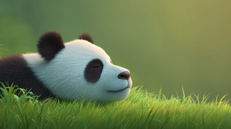 A delightful illustration of a panda bear peacefully sleeping on lush green grass, capturing a moment of tranquility and innocence in a vibrant natural setting.の素材