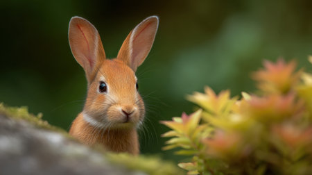 A charming brown rabbit gazes curiously from behind lush green foliage, illuminated by soft natural light, embodying the serenity of a garden in springtime.の素材