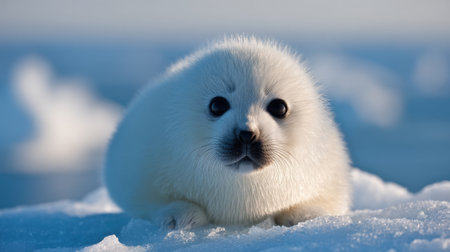 A charming white seal pup sits gracefully on the icy terrain, showcasing its soft fur and playful innocence. This serene winter scene captures the essence of wildlife in the Arctic.の素材