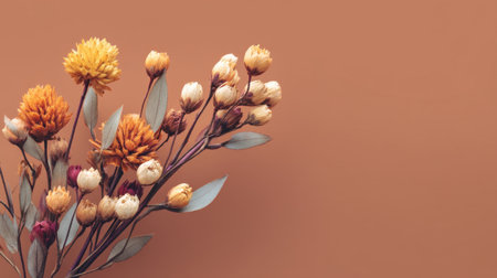 This beautiful image showcases a delicate arrangement of dried flowers in shades of orange and yellow against a soft textured background, perfect for enhancing home decor and providing aesthetic inspiration.の素材