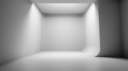 A serene and spacious interior with minimalistic design. Soft light creates gentle shadows on smooth surfaces, perfect for showcasing products or artistic displays.の素材