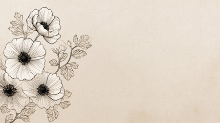 Elegant hand-drawn illustration featuring delicate anemones with leaves on a textured beige background, perfect for dの素材