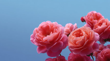 Delicate pink roses bloom against a soothing blue backdrop, creating a serene atmosphere. The reflection enhances their beauty, capturing nature's allure.の素材