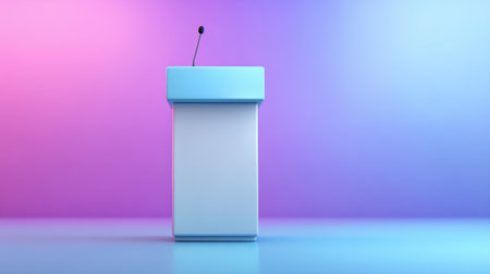 A sleek and modern podium featuring a microphone, set against a vibrant gradient background in shades of blue and pink. Ideal for events, presentations, or speeches.の素材