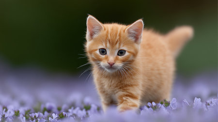 A charming orange kitten wanders through a vibrant field of purple flowers, capturing the essence of innocence and beauty in a natural garden setting.の素材
