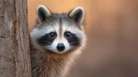 A charming raccoon peeks from behind a tree trunk, showcasing its striking features against a warm, soft-focus background, creating a serene woodland feel.の素材
