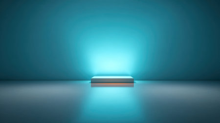A sleek and modern display area featuring a soft blue illuminated podium against a clean backdrop, perfect for showcasing products or creative projects in an elegant manner.の素材