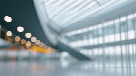This image features a blurred background of a spacious modern architectural interior, showcasing unique design elements and abundant natural light.の素材