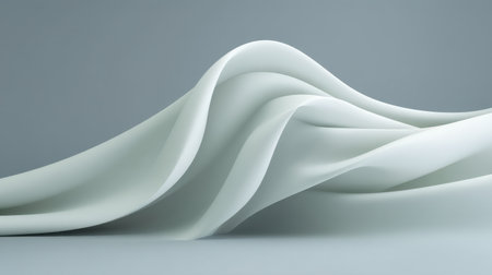 This serene image showcases soft white fabric flowing gracefully against a gentle gray background, evoking calm and elegance perfect for various design themes.の素材
