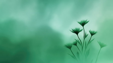 A tranquil abstract background in soothing green hues featuring delicate plant silhouettes. Perfect for nature-inspired designs and calming visual projects.の素材
