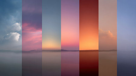 Stunning display of calm waters reflecting gradient skies at various times of day. The serene hues create a peaceful ambiance, perfect for relaxation or inspiration.の素材