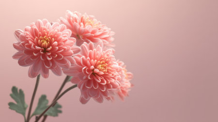 Captivating image of soft pink chrysanthemum blooms with delicate petals against a light pink background, perfect for floral decor and nature-themed projects.の素材