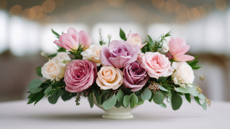 This stunning floral arrangement features a mix of fresh pink and white roses beautifully displayed in an elegant vase, perfect for events and celebrations.の素材