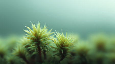 A close-up view of lush green moss in a softly lit forest setting. This tranquil nature scene invites peacefulness and harmony, perfect for relaxation and mindfulness.の素材