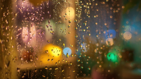 A captivating close-up view of raindrops accumulating on a glass surface, creating a colorful, bokeh-filled background that evokes a warm and cozy atmosphere.の素材
