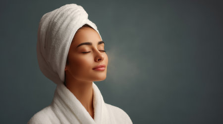 A serene young woman in a towel enjoys a moment of relaxation at a spa. Her closed eyes and calm expression embody tranquility and self-care in a soothing atmosphere.の素材