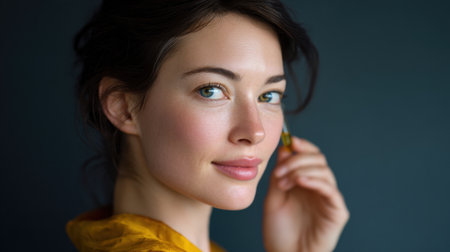 A young woman showcases her natural beauty with a soft smile and a delicate flower. This portrait captures elegance and tranquility against a dark backdrop.の素材