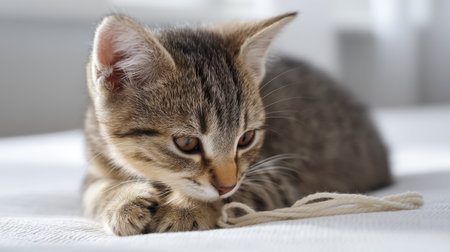 A captivating small tabby kitten curiously interacts with a string, showcasing its playful nature on a soft white surface, creating a heartwarming scene.の素材