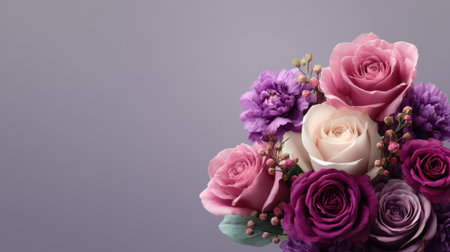 A stunning arrangement showcasing soft pink and purple roses, paired with delicate filler flowers, set against a subtle gray background for a fresh and elegant look.の素材