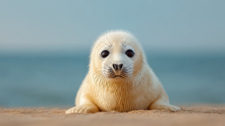 A heartwarming image of a baby seal lounging on the sandy beach, showcasing its soft fur and large eyes against a calm ocean backdrop, perfect for nature lovers.の素材