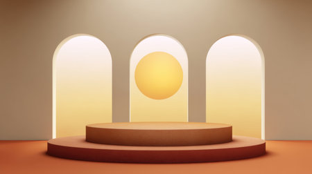 A serene abstract scene featuring circular forms and elegant arches, illuminated by soft warm light. Ideal for modern design projects and artistic expressions.の素材