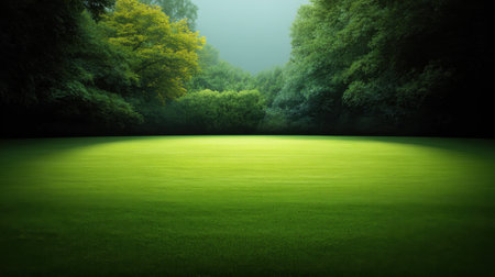 A vibrant green meadow is enveloped by lush trees, creating a serene atmosphere. Soft light filters through the mist, making it an ideal scene for relaxation.の素材