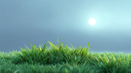 A peaceful scene showcasing lush green grass under a soft misty sky with warm sunlight gently illuminating the landscape at dawn, evoking tranquility and freshness.の素材